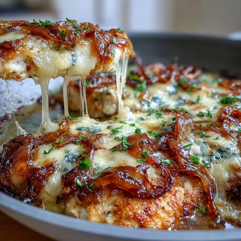 Baked French Onion Chicken with Gruyere cheese, featuring golden chicken breasts smothered in rich, savory onion sauce.  