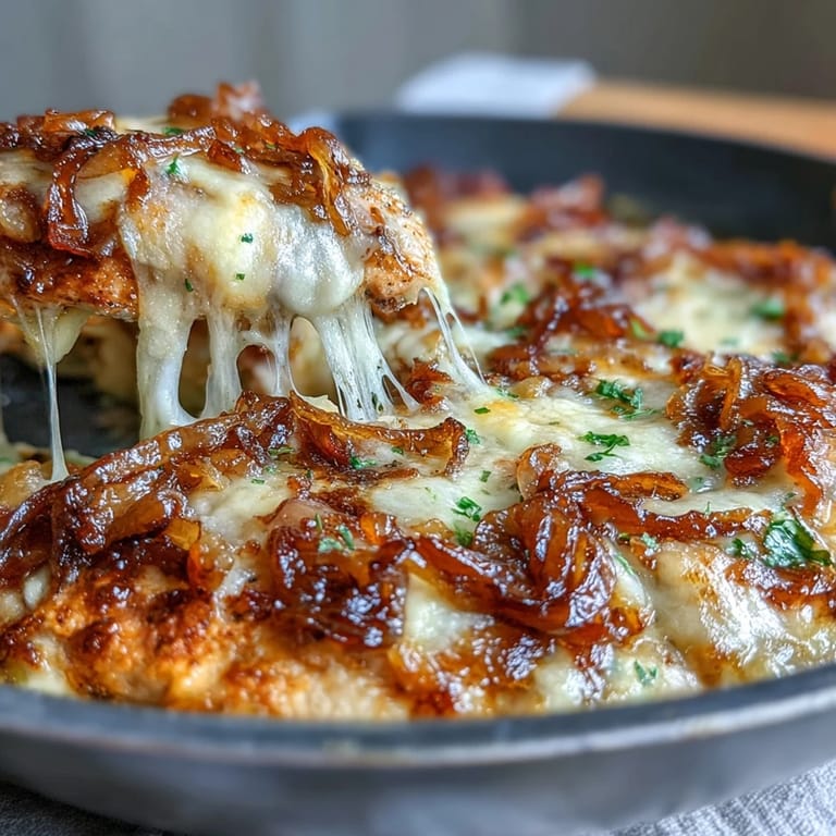 French Onion Chicken Bake with Gruyere, presenting a hearty skillet meal of baked chicken and melted cheese over caramelized onions.