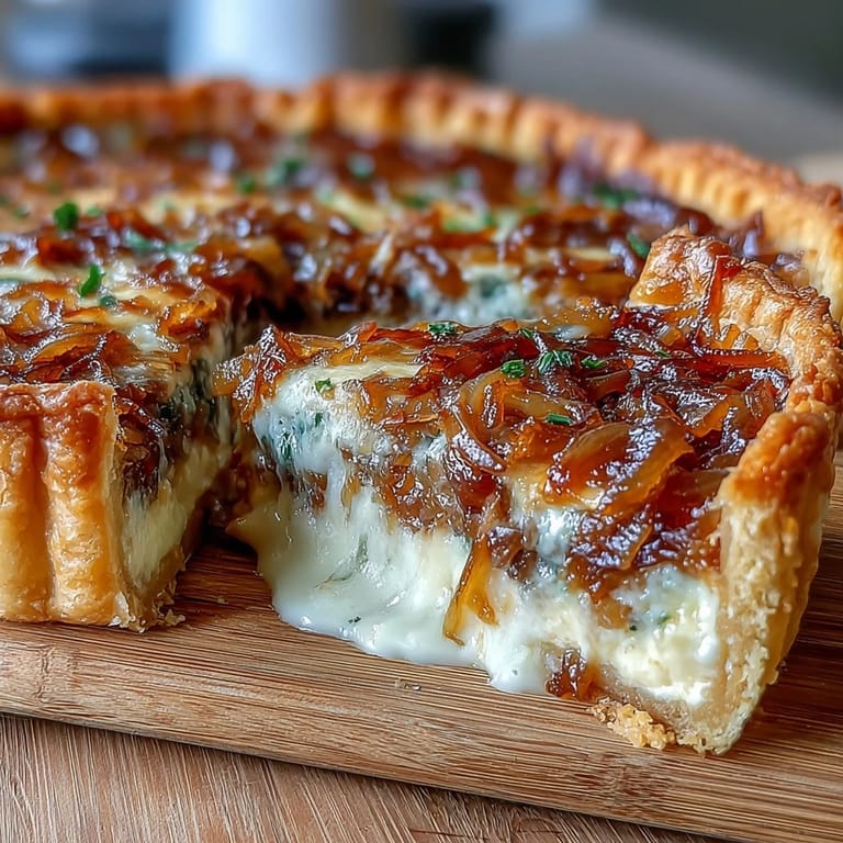 Savory tart filled with sweet caramelized onions and rich Gruyere cheese, perfect for an elegant lunch or light dinner.
