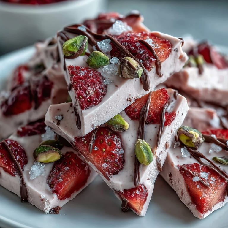 Refreshing strawberry yogurt bark with vibrant red fruit and green pistachios, a healthy Valentine's dessert.