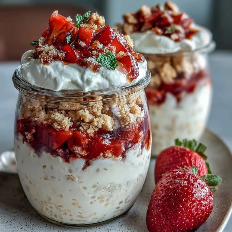 Sweet strawberries layered over rich vanilla overnight oats, topped with crushed graham crackers for a dessert-like morning treat.