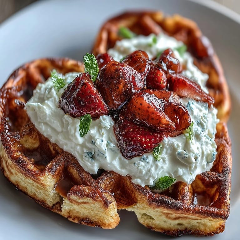 Golden waffles with a light, crisp texture served with a smooth cottage cheese whip and juicy strawberry slices.