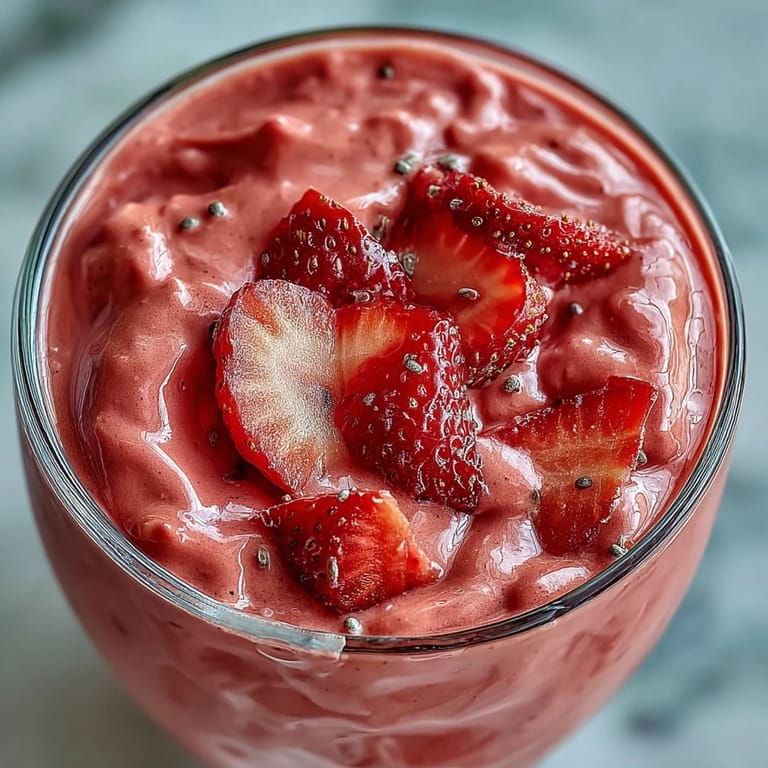 Chia-infused strawberry banana protein smoothie, garnished with fresh fruit slices, perfect for post-workout recovery or a quick morning meal.