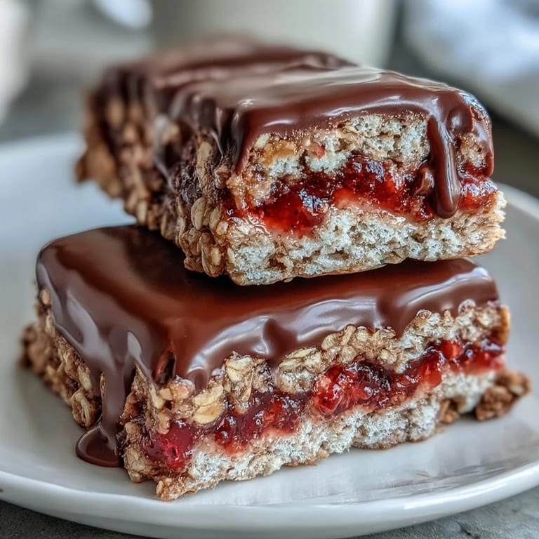 Chewy oat bars layered with strawberry preserves and topped with rich chocolate dip, ideal for easy no-bake treats.  