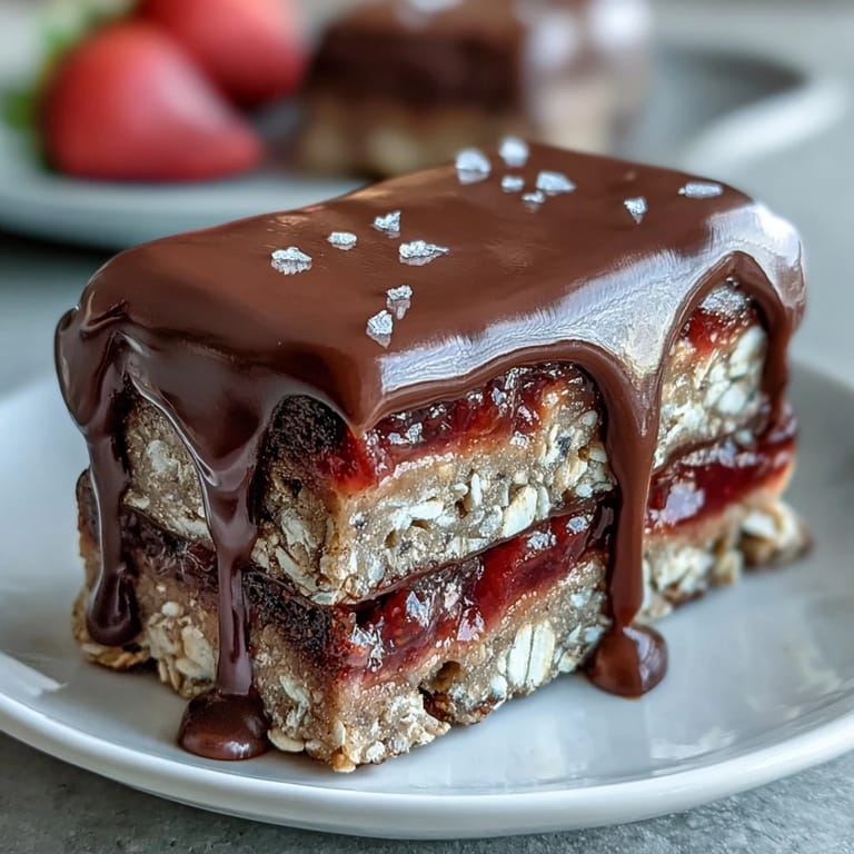 Homemade strawberry oat bars drizzled with dark chocolate, a delicious and wholesome vegetarian dessert for any occasion.