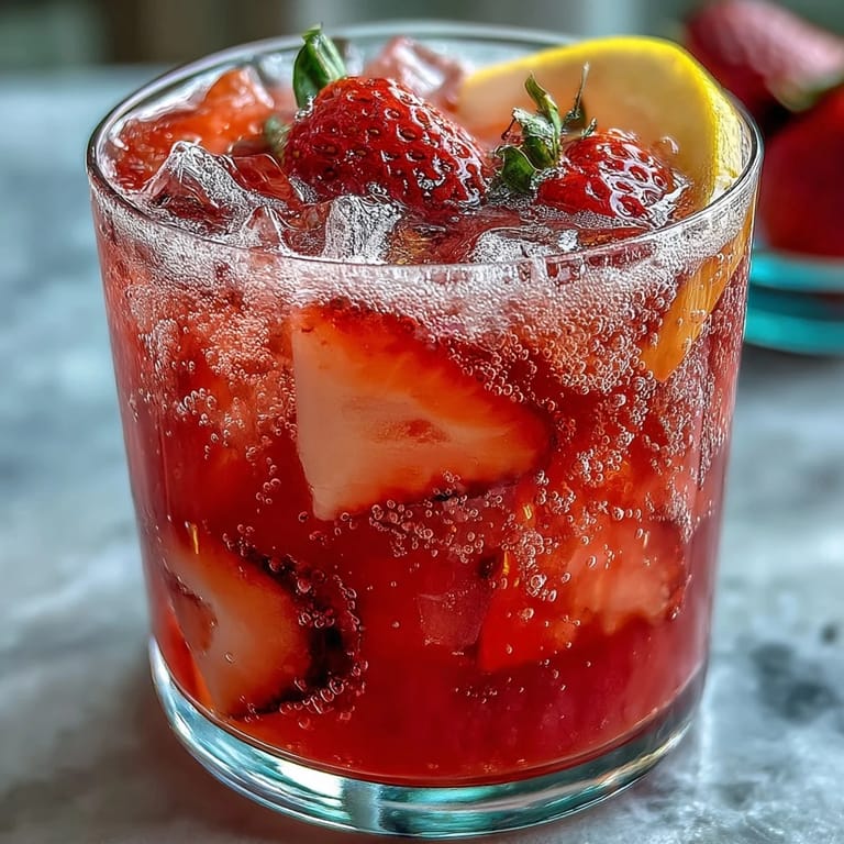 Festive non-alcoholic strawberry lemonade mocktail, sparkling with fresh fruit and citrus, served chilled in a clear glass.