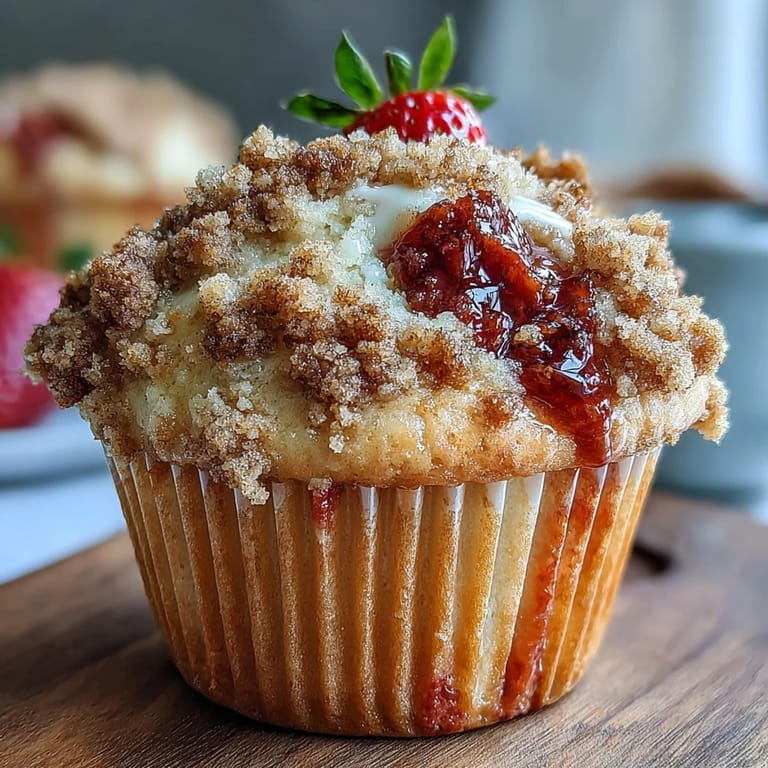Crumb-topped strawberry sourdough muffins baked to perfection, with a buttery streusel and fresh fruit in every tender bite.