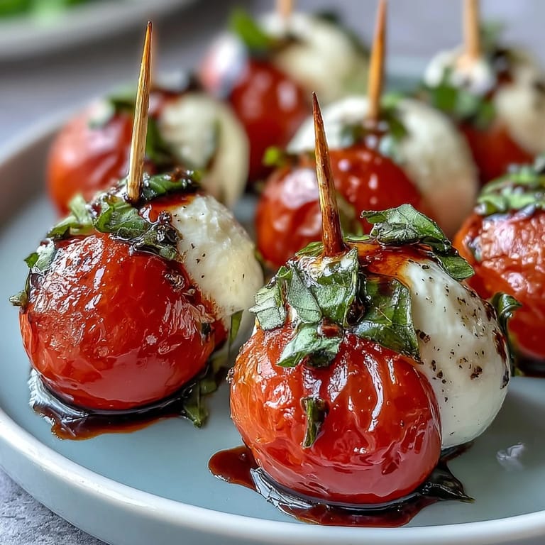 Colorful Caprese Skewers with Balsamic Drizzle: Juicy heirloom tomatoes, soft mozzarella balls, and bright basil leaves, finished with a rich balsamic glaze for outdoor entertaining.  