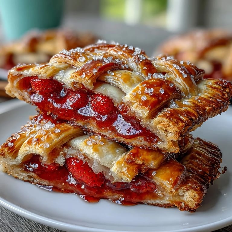 Golden flaky lattice-topped strawberry hand pies filled with sweet berry filling, ideal for portable picnic desserts.