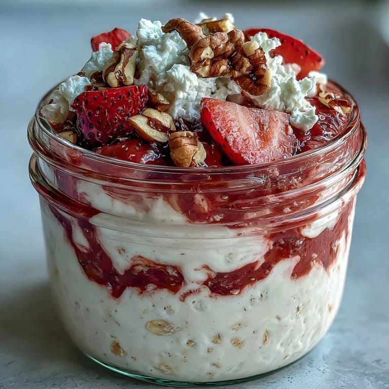 Whipped Greek yogurt oats swirled with homemade strawberry sauce, topped with sliced berries and crunchy nuts for texture.  