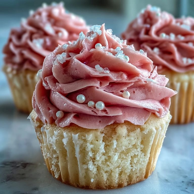 Elegant vanilla cupcakes topped with creamy pink frosting and edible pearls for a bridal celebration.  