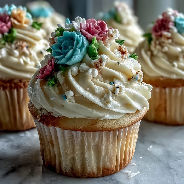 Hand-decorated Baby in Bloom Cupcakes with buttercream blossoms, ideal for welcoming a new baby or spring festivities.