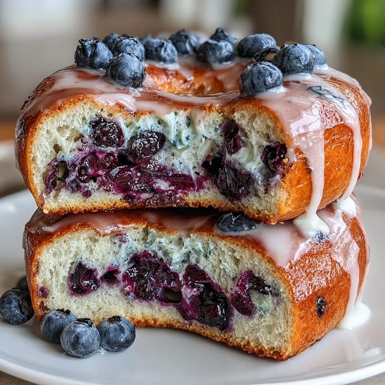 Homemade bagels bursting with juicy blueberries and topped with a zesty lemon glaze, great for brunch or snack time.