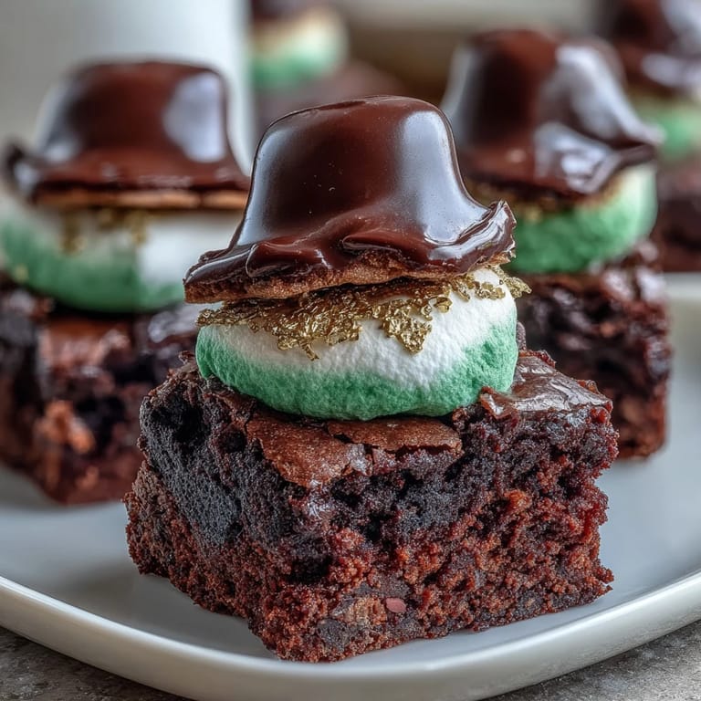 Decadent fudgy brownie bites topped with marshmallow hats and gold sprinkle buckles, perfect for holiday celebrations.  