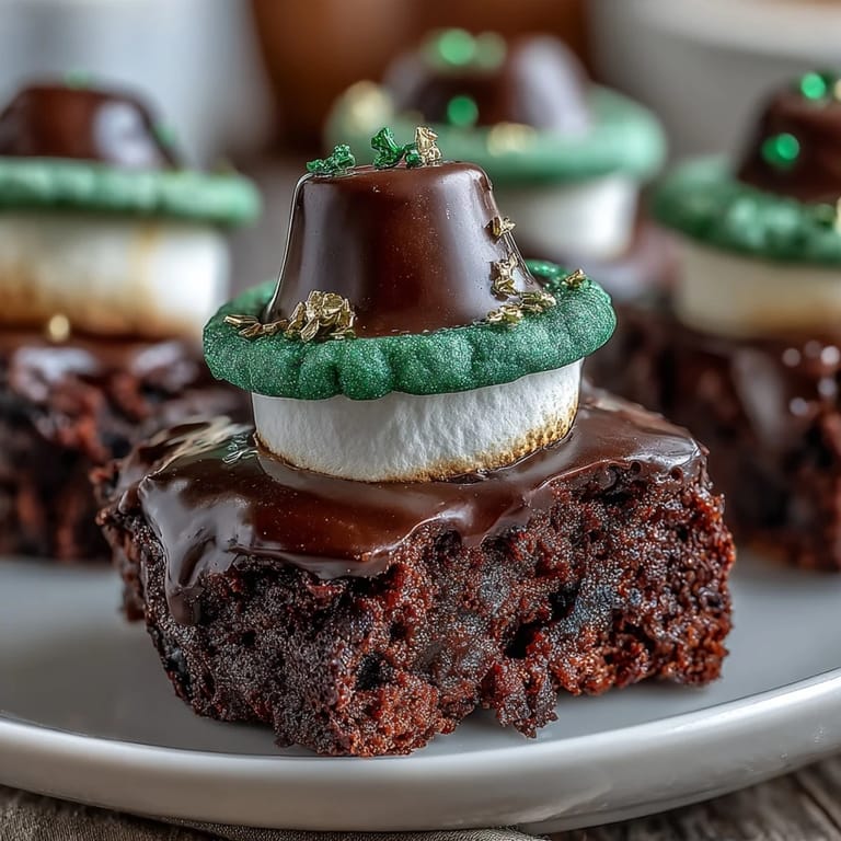 Adorable Leprechaun Hat Brownie Bites featuring chocolate-coated marshmallows on wafer cookies, decorated with green icing bands.