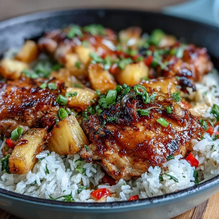 This tropical-inspired baked chicken and rice dish features savory soy-glazed thighs, sweet pineapple chunks, and fluffy rice—perfect for busy weeknight dinners.