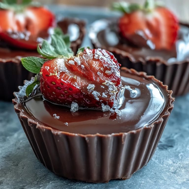 Rich dark chocolate cups hold sweet strawberries and crunchy pistachios, inspired by Dubai's vibrant flavors and textures.