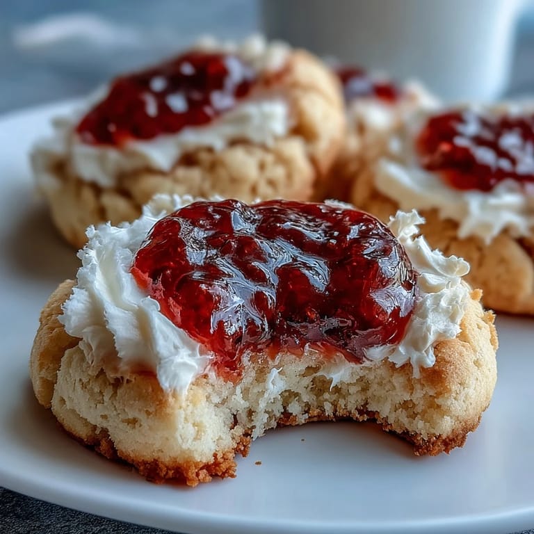 Soft, tender clotted cream sugar cookies topped with bright strawberry jam centers, perfect for teatime or gifting.  
