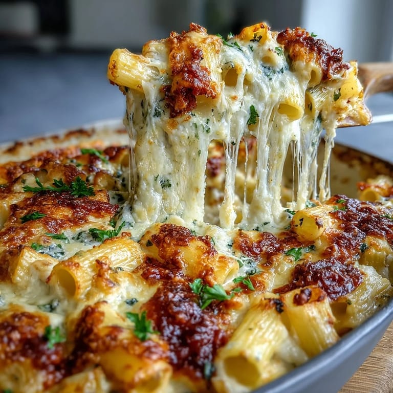 Family-style One-Pot Cheesy Pasta Bake baked until cheese is melted and bubbly.