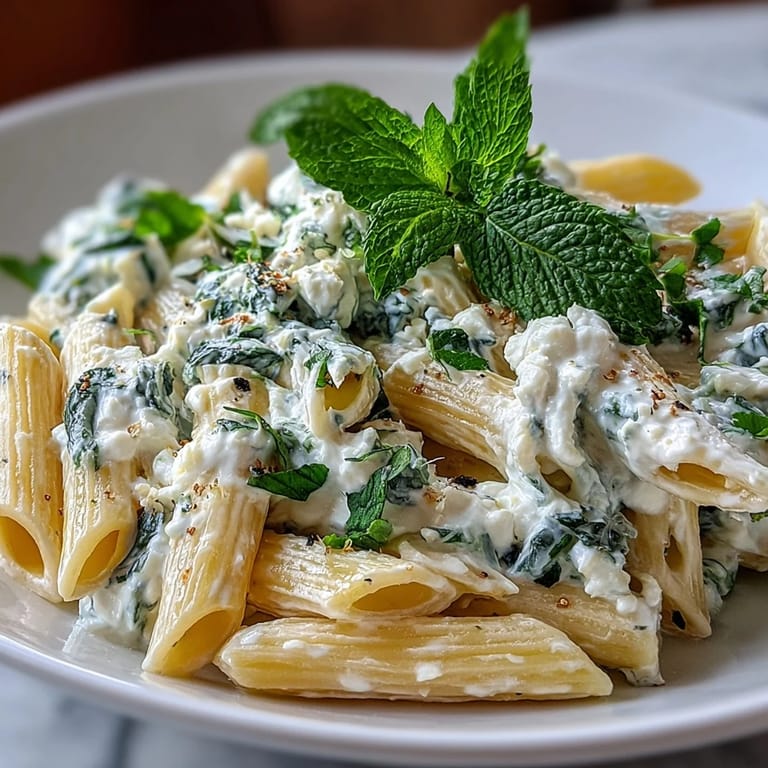 Bright green pea pasta tossed with creamy ricotta and lemon zest, topped with Parmesan and mint.