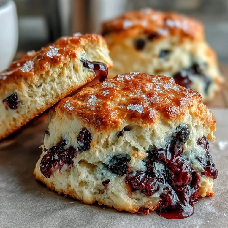 Buttery sourdough scones bursting with juicy blueberries and zesty lemon, offering a tangy twist on classic British-inspired breakfast treats.