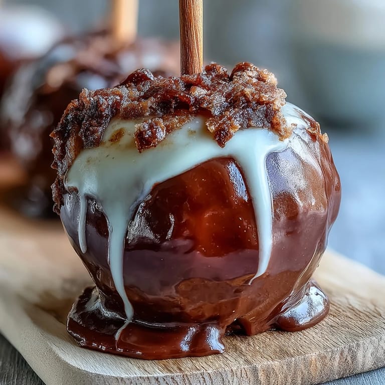 Classic red candy apples coated in a shiny hard shell and elegantly finished with a creamy white chocolate drizzle.
