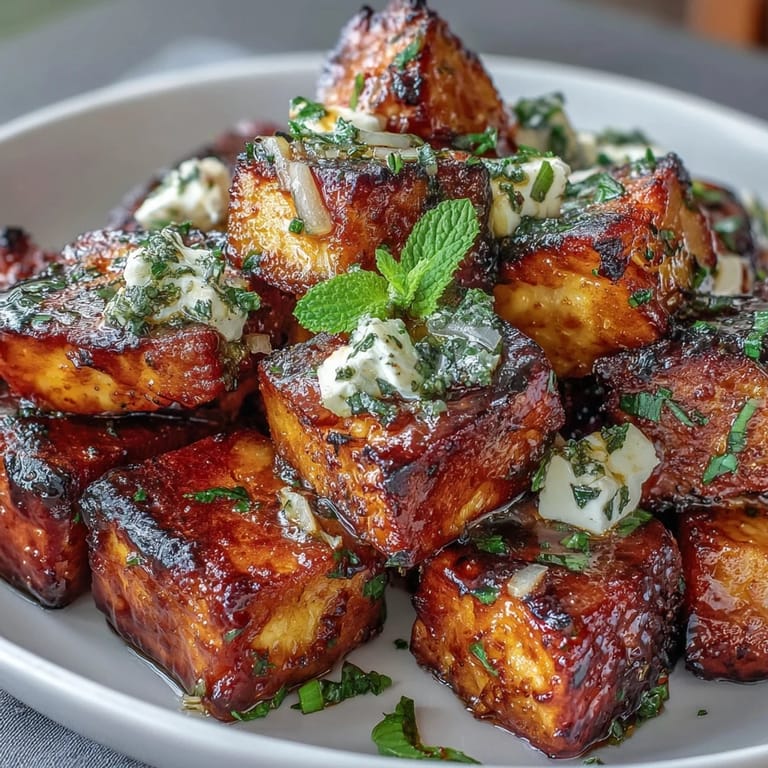 Refreshing grilled watermelon cubes topped with tangy feta, red onion, and fresh mint leaves, drizzled with balsamic glaze and olive oil.