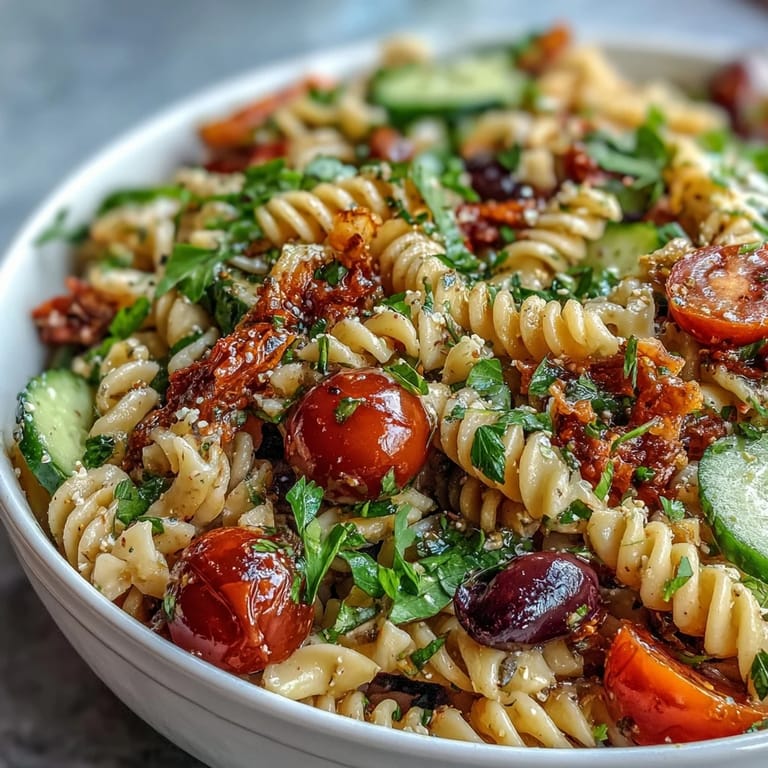 Easy pasta salad with crisp veggies and creamy mozzarella pearls, perfect for picnics and potlucks with zesty Italian dressing.