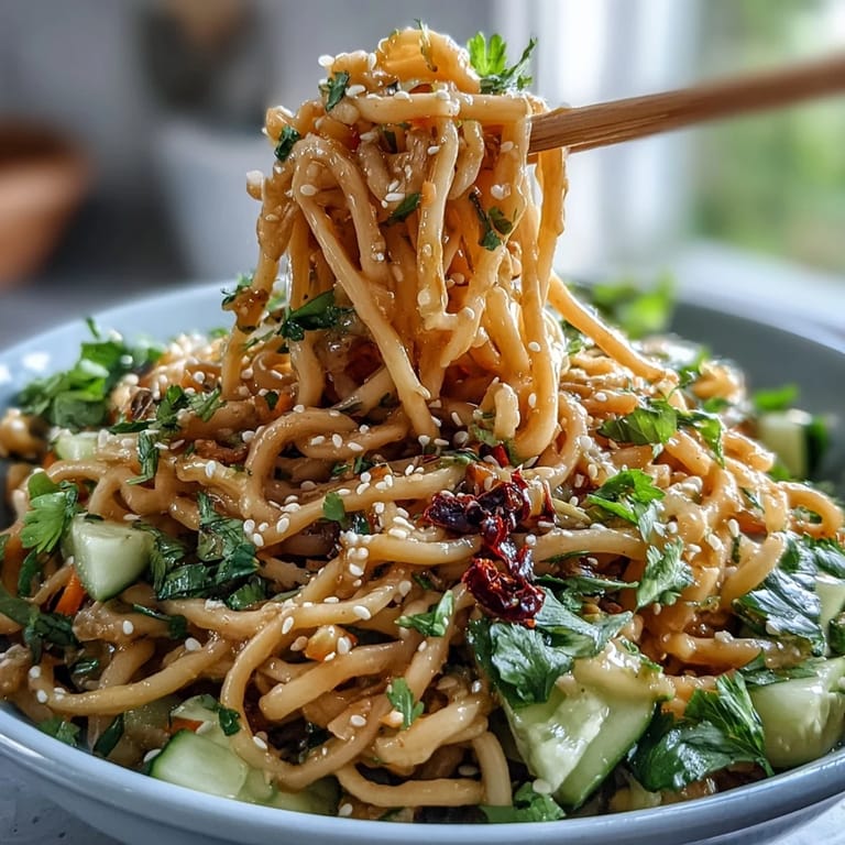 Chilled noodles in creamy sesame sauce, topped with crisp cucumber, carrots, and fresh herbs.