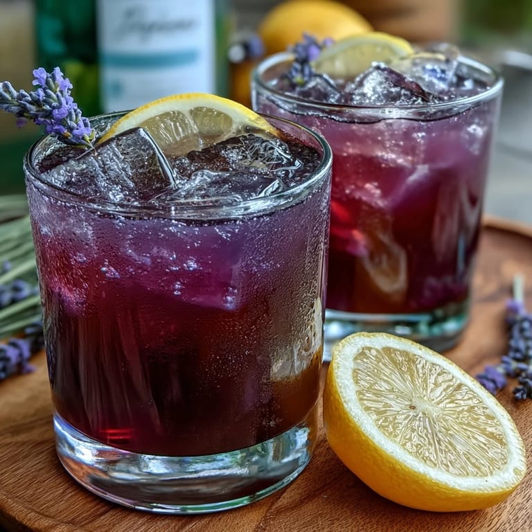A vibrant lavender lemonade refresher in a glass pitcher, garnished with fresh sprigs and purple ice cubes.