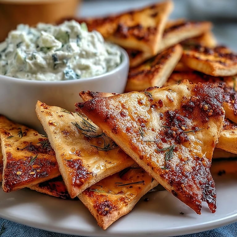 Golden-baked pita chips paired with refreshing tzatziki sauce, a light and easy Mediterranean snack for any occasion.