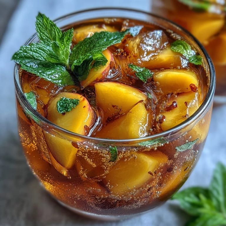 Vibrant summer drink featuring blended mango and peach puree mixed with sparkling tea, served in glasses with ice and mint.