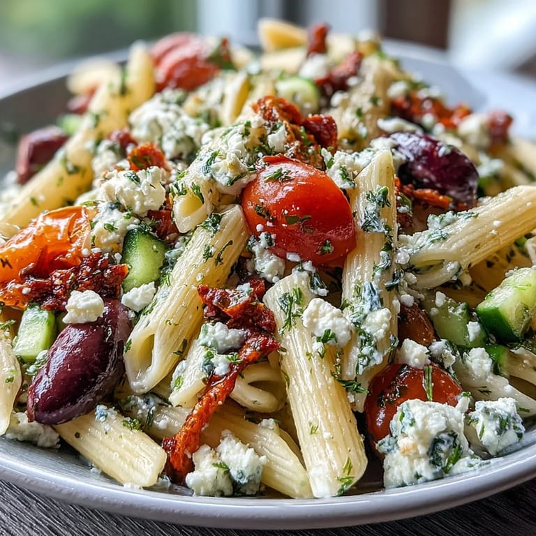 Delectable Greek Style Summer Pasta Salad with feta, tomatoes, and olives, perfect for picnics.