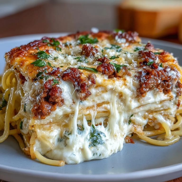 Layered Million Dollar Spaghetti baked to perfection with savory beef and sausage sauce, creamy cheese filling, and a crispy Parmesan topping.