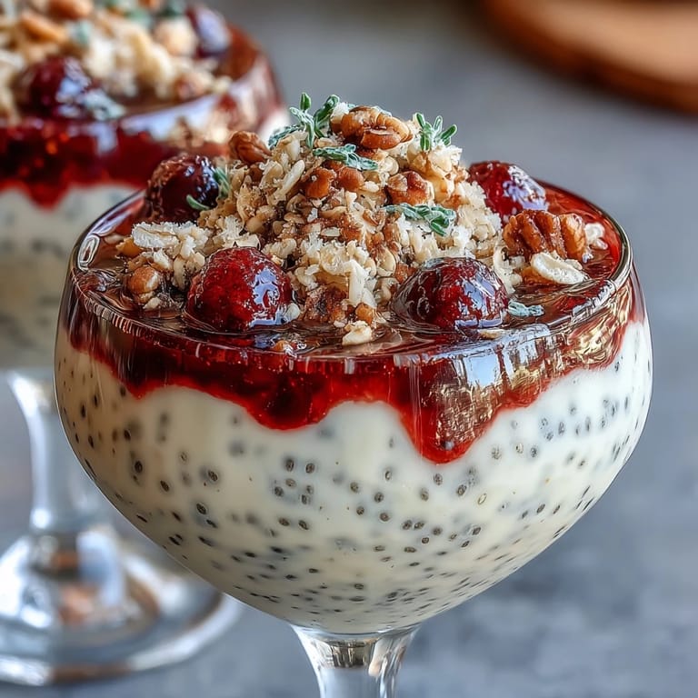 Zesty lemon chia pudding parfait layered with granola and sweet-tart raspberry compote, garnished with fresh raspberries and lemon zest.