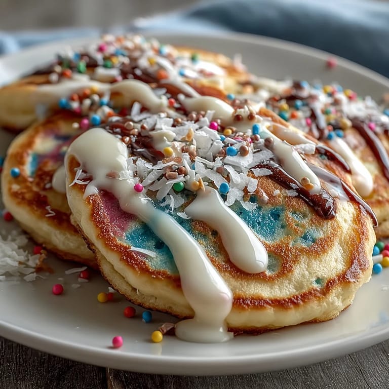 Fluffy, pastel-hued pancakes shaped like Easter eggs, topped with fresh berries and mini chocolate chips for extra sweetness.