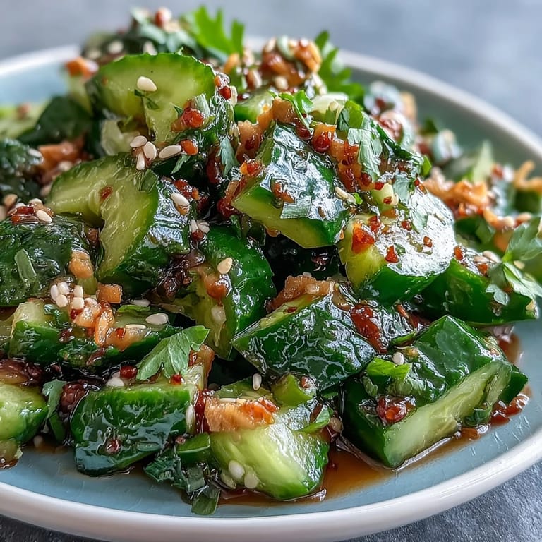 Refreshing smashed cucumber salad bursting with bold Asian flavors, served as a cooling side dish or appetizer.