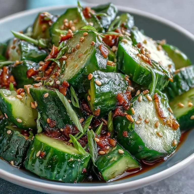 Crunchy smashed cucumbers tossed in tangy rice vinegar and soy sauce, topped with fresh cilantro and chili for a spicy kick.