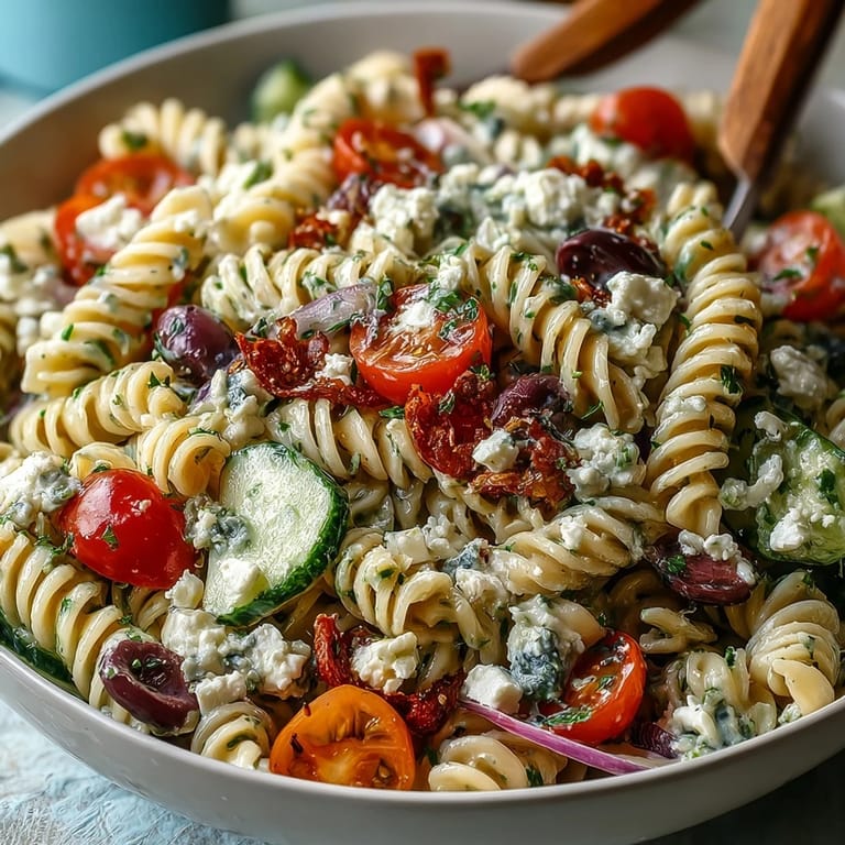 Memorial Day Pasta Salad with Italian Dressing and Veggies - Chilled rotini pasta mixed with crisp cucumbers, cherry tomatoes, and bell peppers in a tangy Italian dressing.