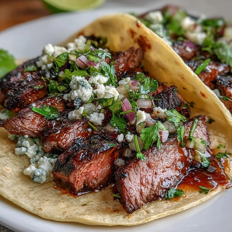 Platter of warm corn tortillas topped with tender carne asada, diced onions, and fresh cilantro, ready for guests to build their own tacos.