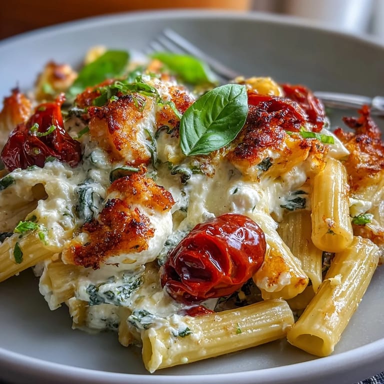 Creamy baked feta pasta with bursting cherry tomatoes, garlic, and fragrant basil for a Mediterranean-inspired meal.