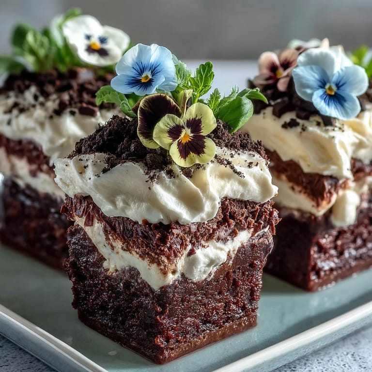 Rich chocolate brownies in mini flower pots, layered with whipped cream and crunchy Oreo soil, decorated with colorful gummies.  
