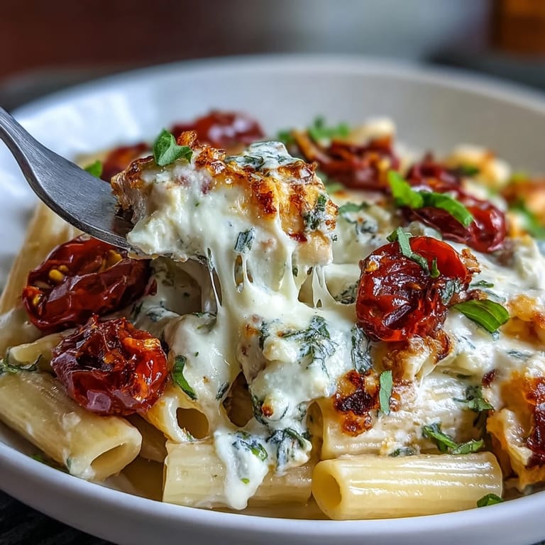 Golden baked feta and juicy cherry tomatoes tossed with al dente pasta and fresh basil leaves.  