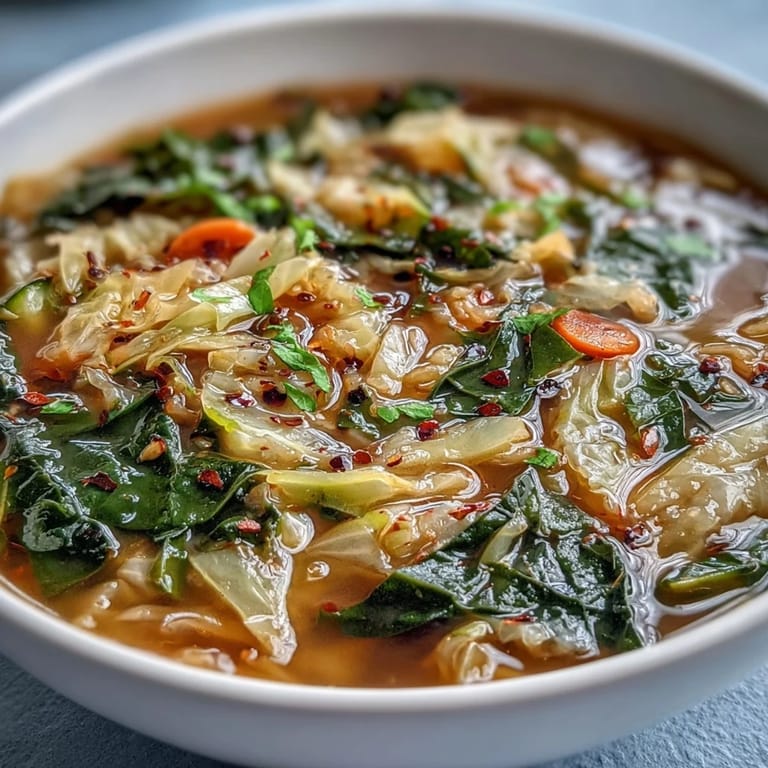 Light and nourishing Spring Detox Cabbage Soup brimming with ginger, turmeric, and zucchini in a clear vegetable broth.