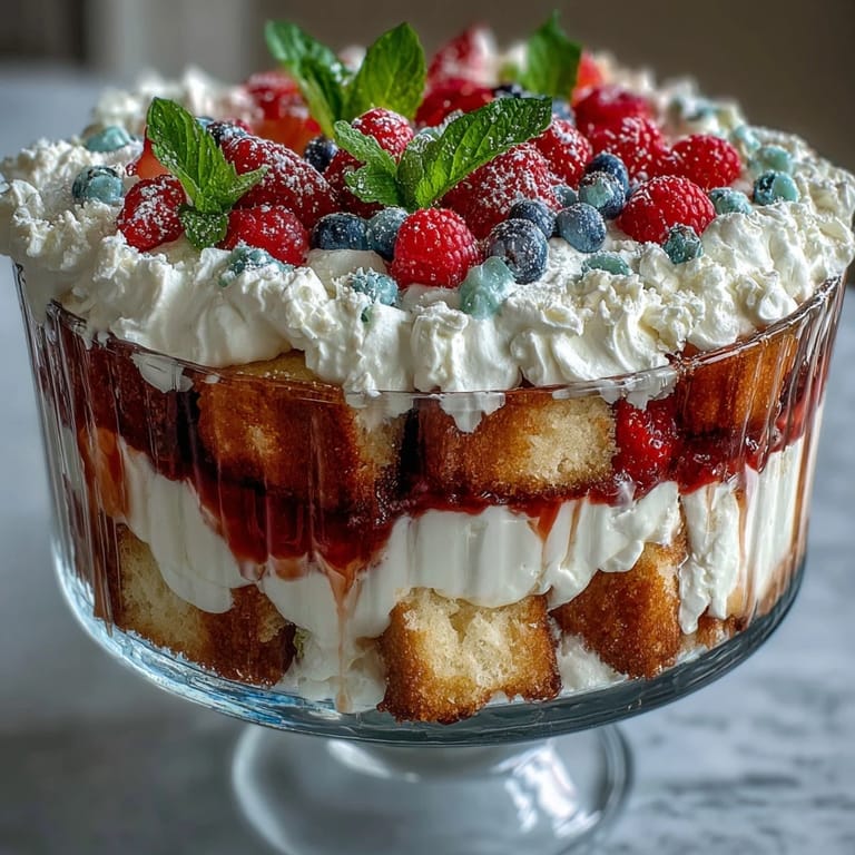 Juicy Red White Blue Berry Trifle with fluffy angel food cake and sweet cream delight.