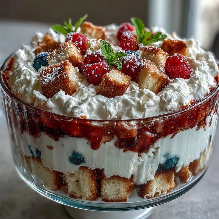 Gorgeous Red White Blue Berry Trifle showcases vibrant fruit and airy cake, perfect for parties.