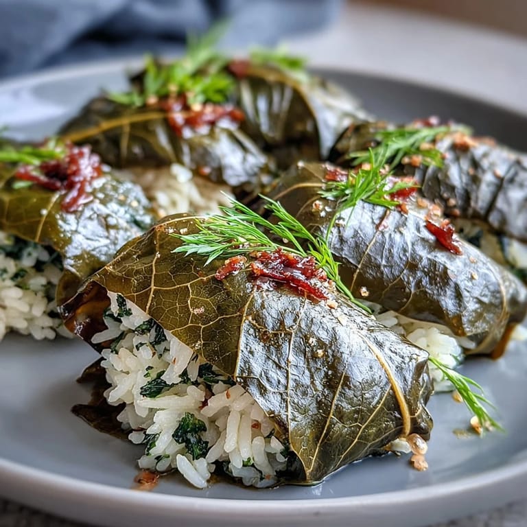 Platter of vibrant Kurdish Dolma, showcasing plump, juicy stuffed grape leaves.