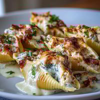 Freshly baked Creamy Seafood Stuffed Shells in a ceramic dish, garnished with parsley.