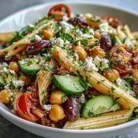 Vibrant Mediterranean chickpea pasta salad with cucumber, tomatoes, and olives in lemon-herb dressing.  