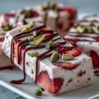Festive Valentine strawberry yogurt bark topped with fresh berries and crunchy pistachios for a sweet treat.  
